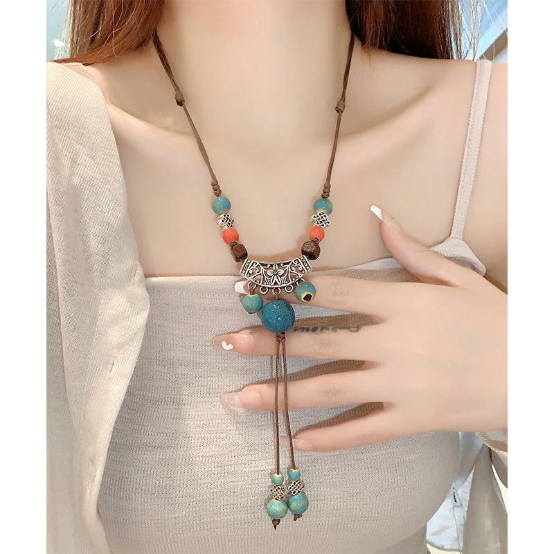 Retro Coffee Weave Alloy Ceramic Bead Hollow Out Pendant Necklace