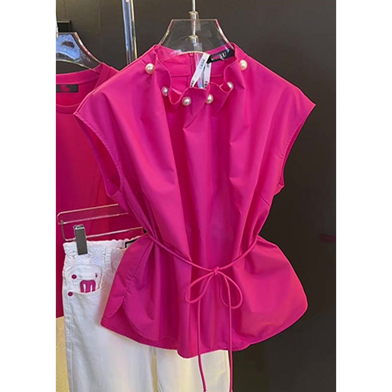 Stylish Rose Pearl Tie Waist Cotton Tops Summer