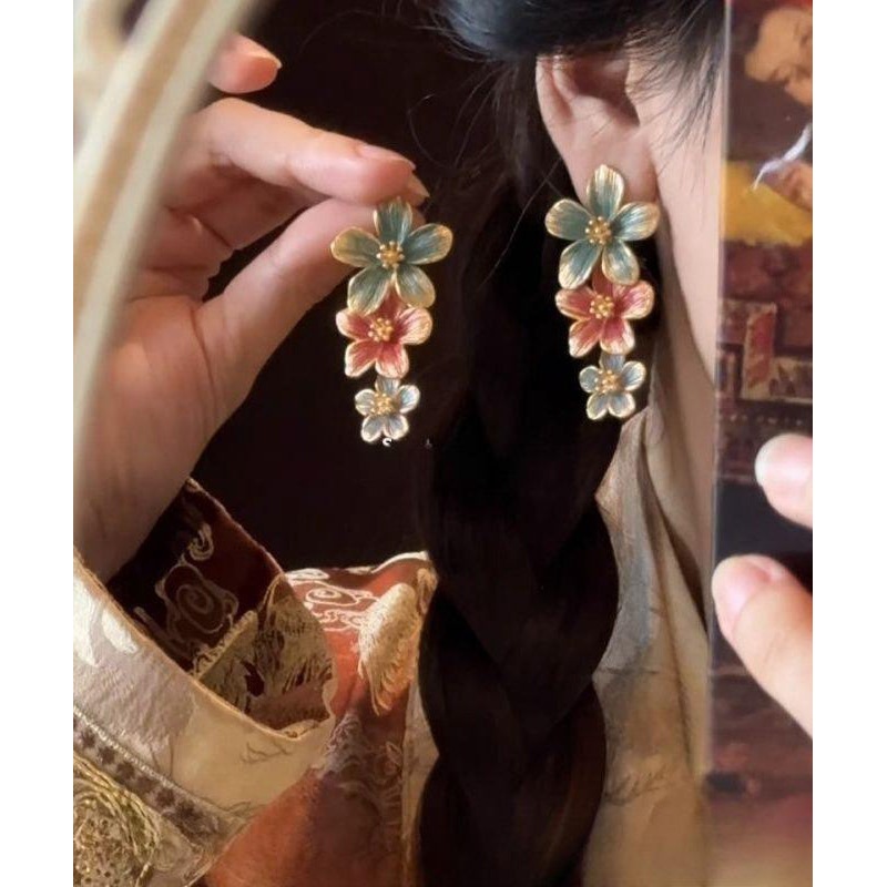 Vintage Rainbow Metal Alloy Drip Glaze Floral Drop Earrings
