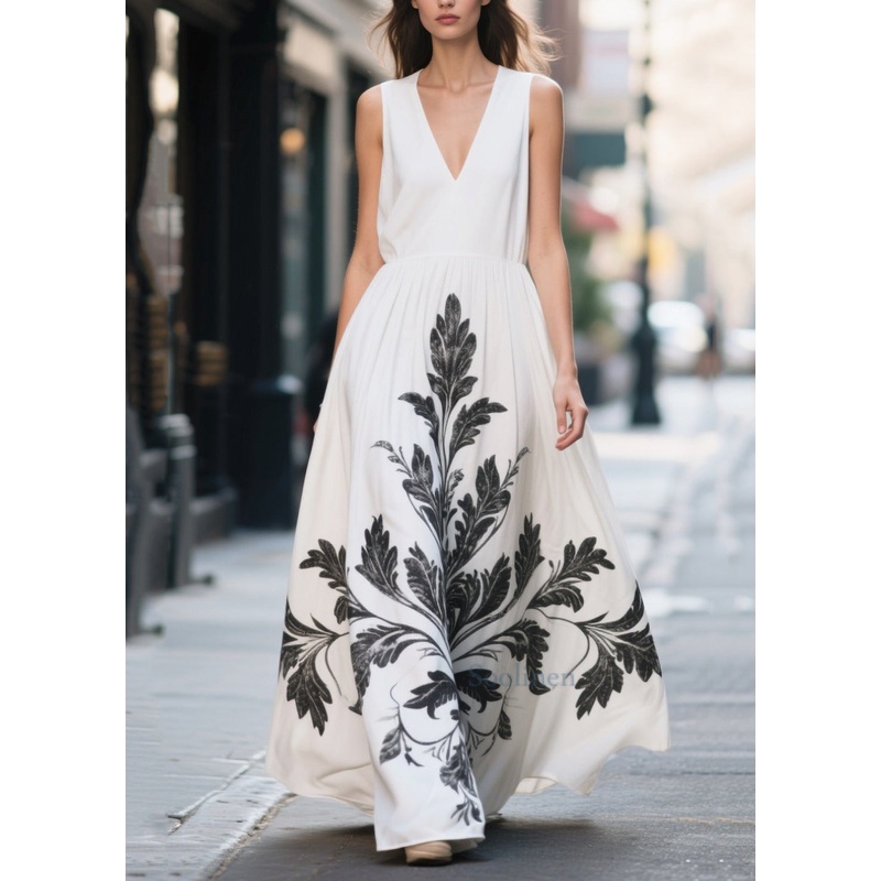White Print Chiffon Vacation Dress Exra Large Hem Summer