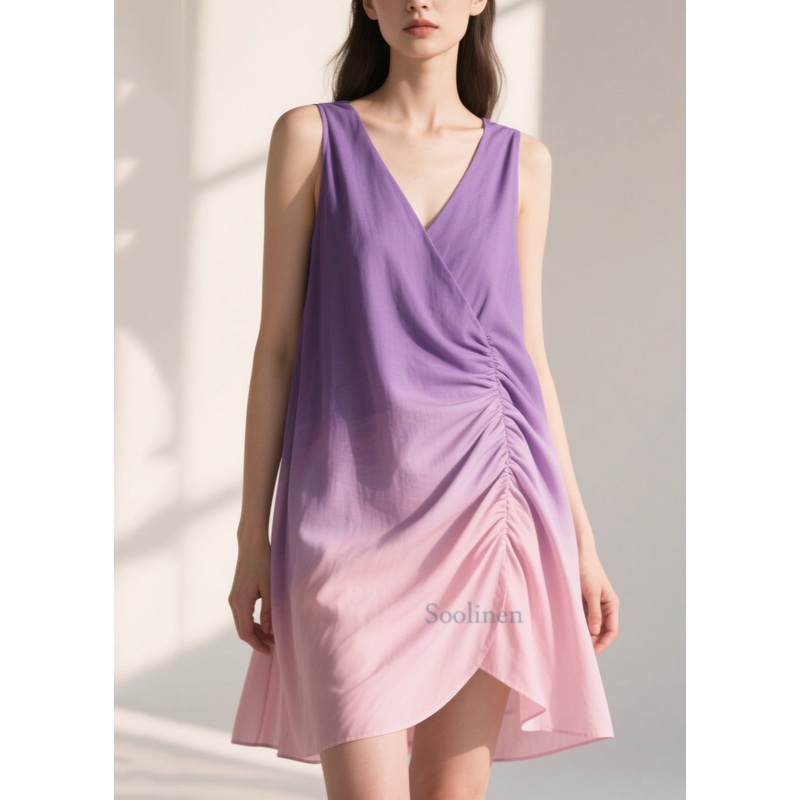 Women Gradient Purple Wrinkled Cotton Sun Dresses Summer