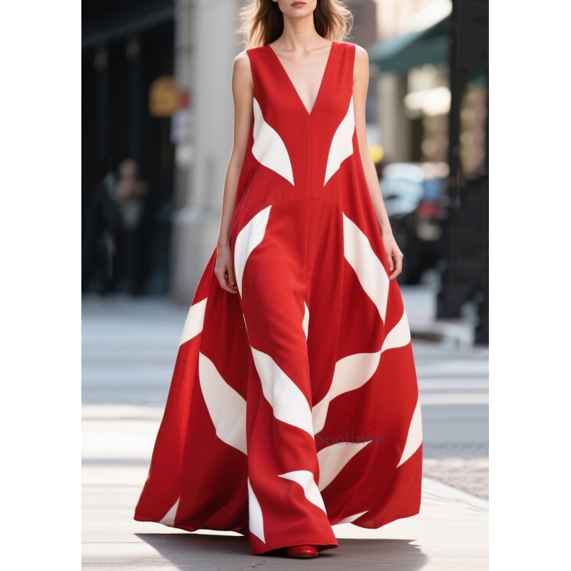 Women Red Print Exra Large Hem Chiffon Long Dress Summer