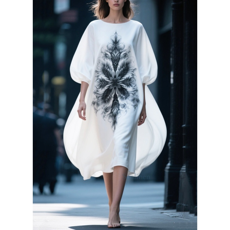 Women White Oversized Print Chiffon Vacation Dresses Puff Sleeve