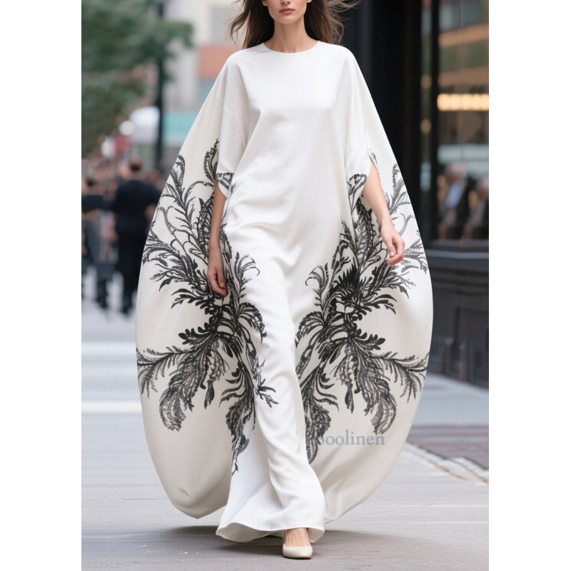 Women White Oversized Print Cotton Vacation Dresses Batwing Sleeve