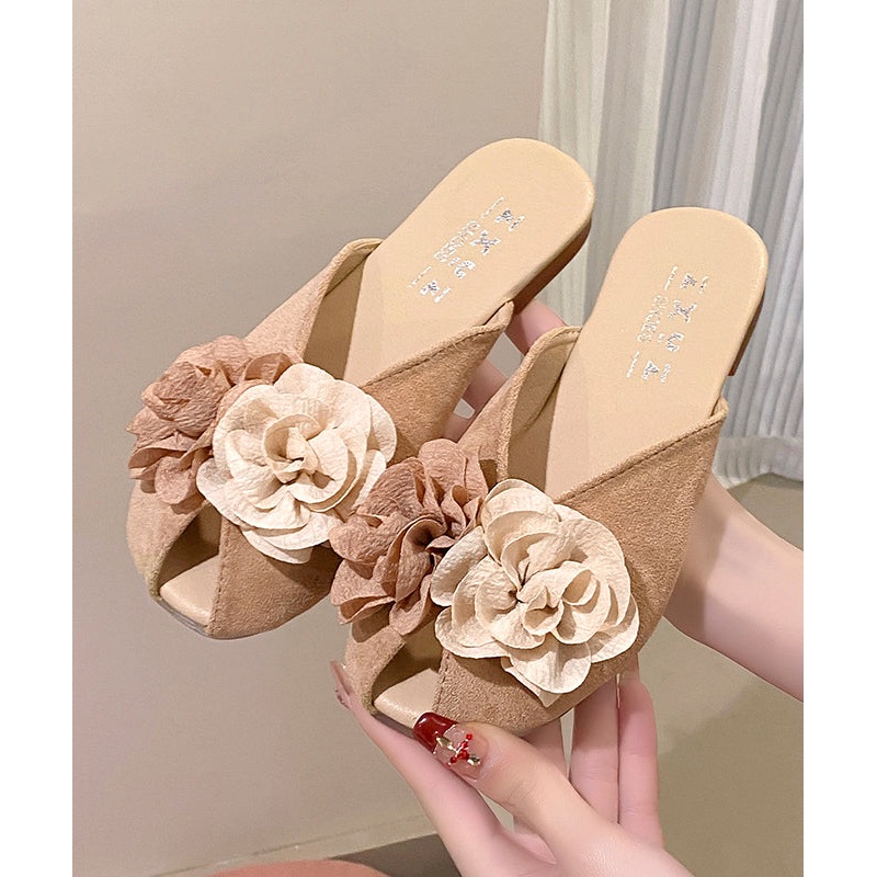 2025 New Khaki Suede Floral Splicing Slide Sandals