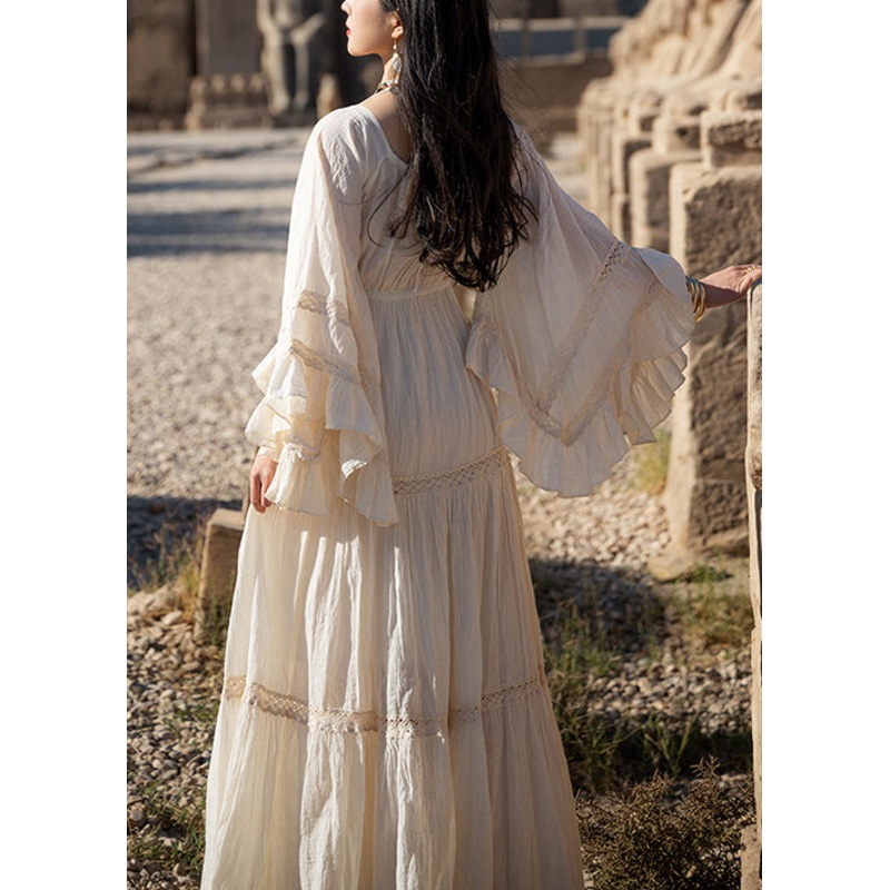 Art Beige Wrinkled Lace Up Cotton Long Dress Flare Sleeve