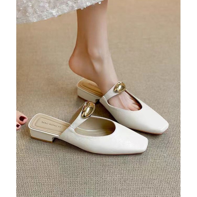 Beige Chunky Faux Leather Boutique Splicing Slide Sandals