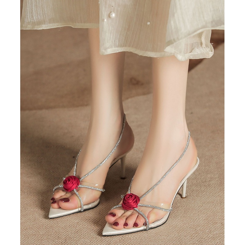 Beige Stiletto Faux Leather Chic Floral Splicing Sandals