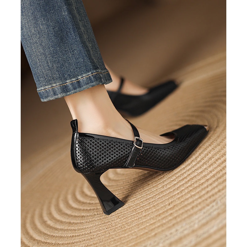 Black Cowhide Leather Elegant Splicing Chunky High Heels