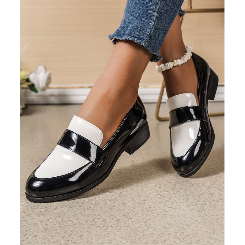 Black Round Head Splicing Faux Leather Low Heel Flats Shoes