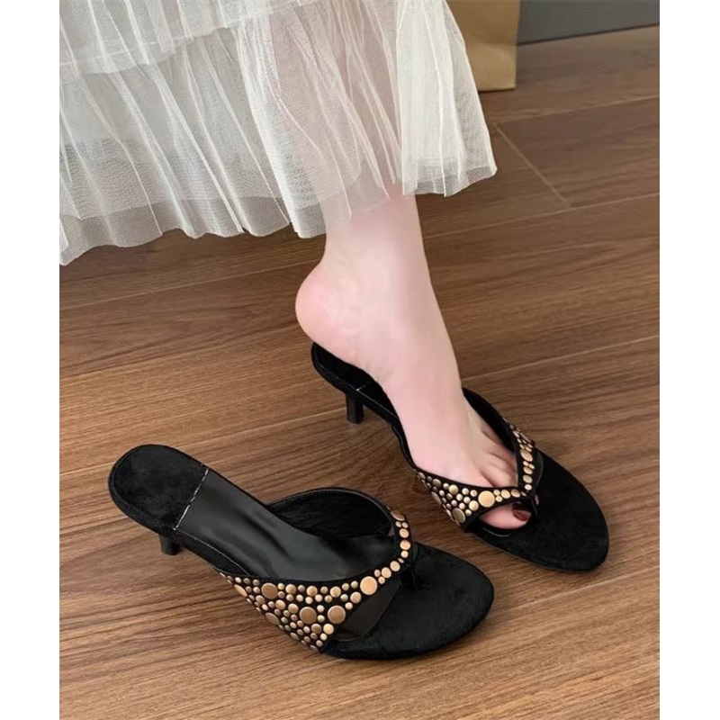 Black Suede Rivet Splicing High Heel Flip Flops