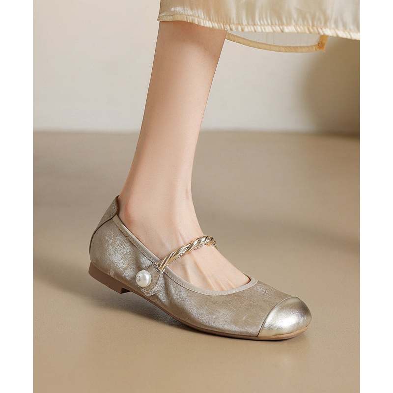 Boutique Buckle Strap Splicing Penny Loafers Apricot Cowhide Leather