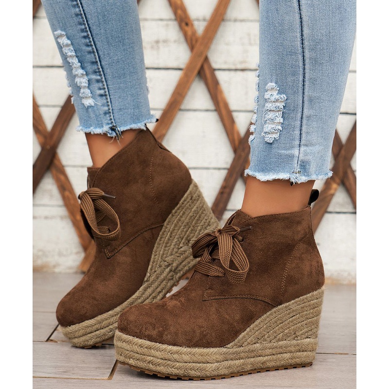 Brown Boots Lace Up Solid Suede Straw Woven Wedge Heels Boots