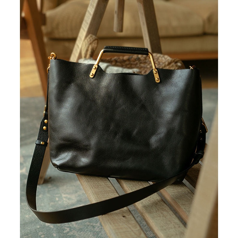 Casual Versatile Black Calf Leather Tote Bag