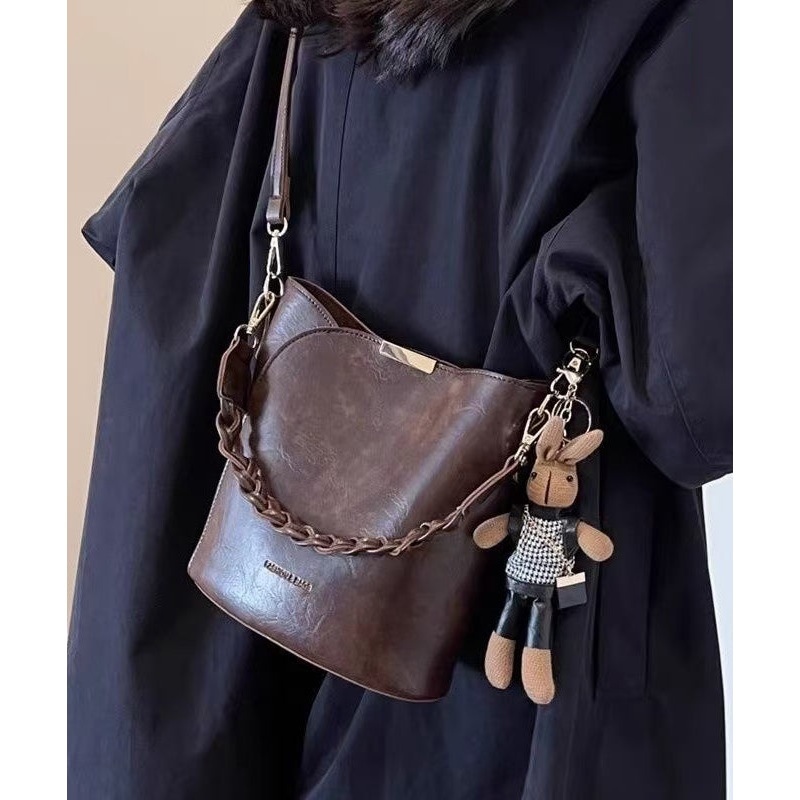 Chic Coffee Solid Durable Versatile Faux Leather Bucket Bag