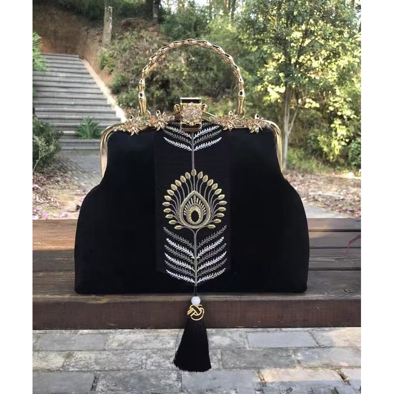 Chinese Style Black Embroidery Zircon Tote Bag