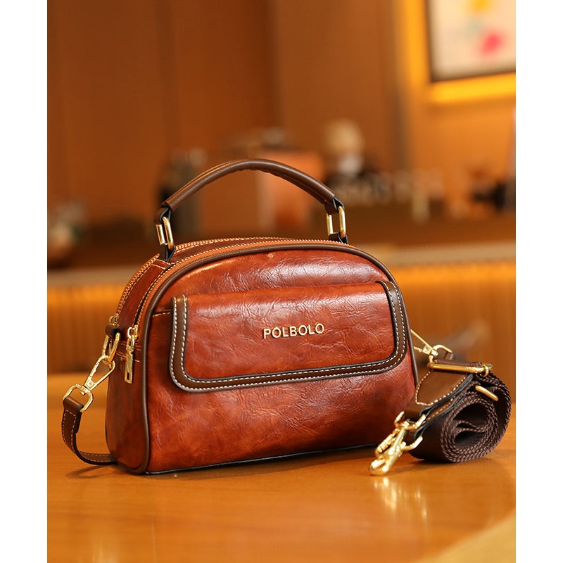 Classy Brown Versatile Calf Leather Round Bag