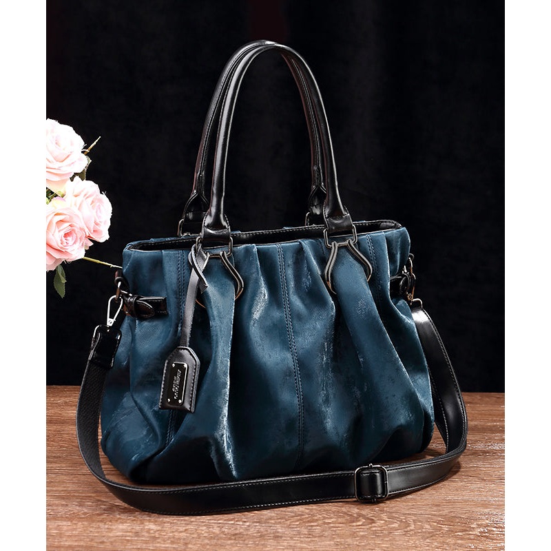 Classy Peacock Blue Large Capacity Wrinkled Calf Leather Tote Bag
