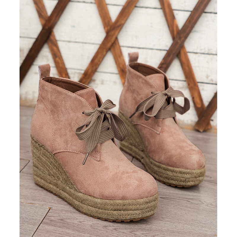 Comfortable Lace Up Wedge Straw Woven Boots Pink Suede