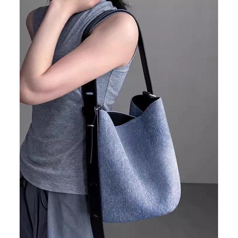 French Blue Large Capacity Durable Faux Leather Bucket Bag