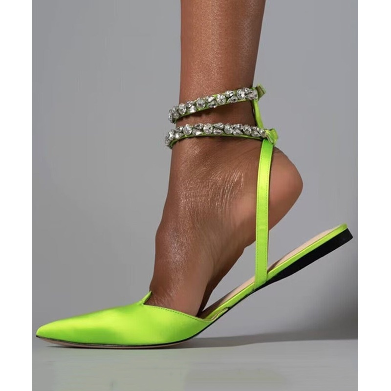 Green Flat Sandals American Style Splicing Zircon Pointed Toe