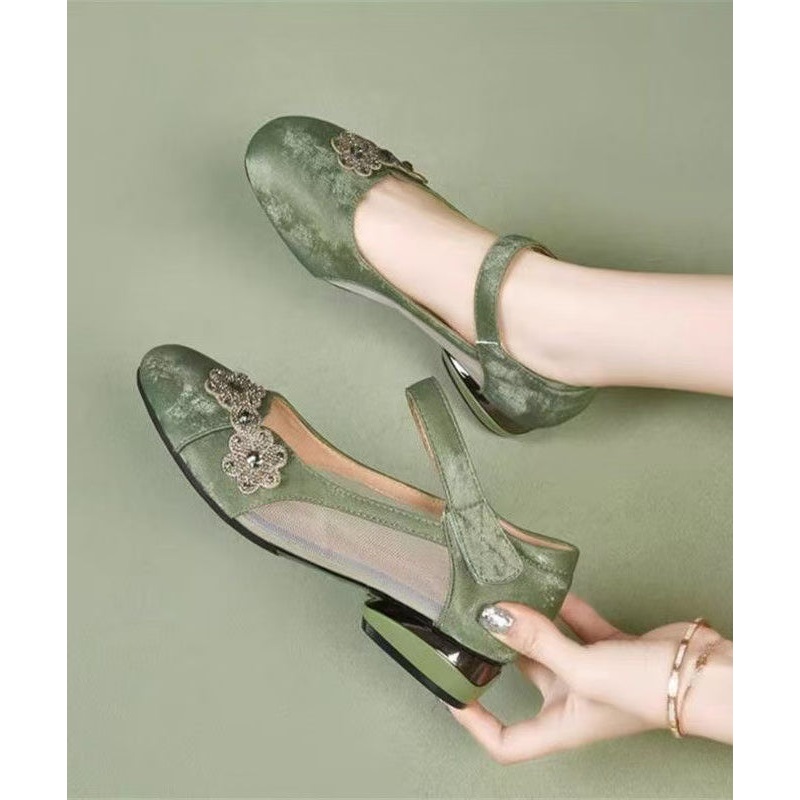 Green Satin Breathable Mesh Splicing Buckle Strap Sandals