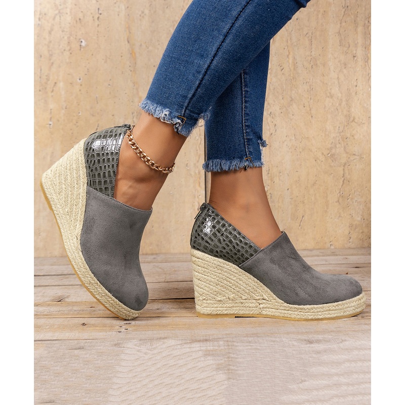 Grey Zippered Crocodile Faux Leather Splicing High Wedge Heels Shoes