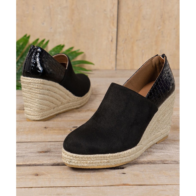 New Black Splicing Suede High Wedge Heels Shoes Zippered