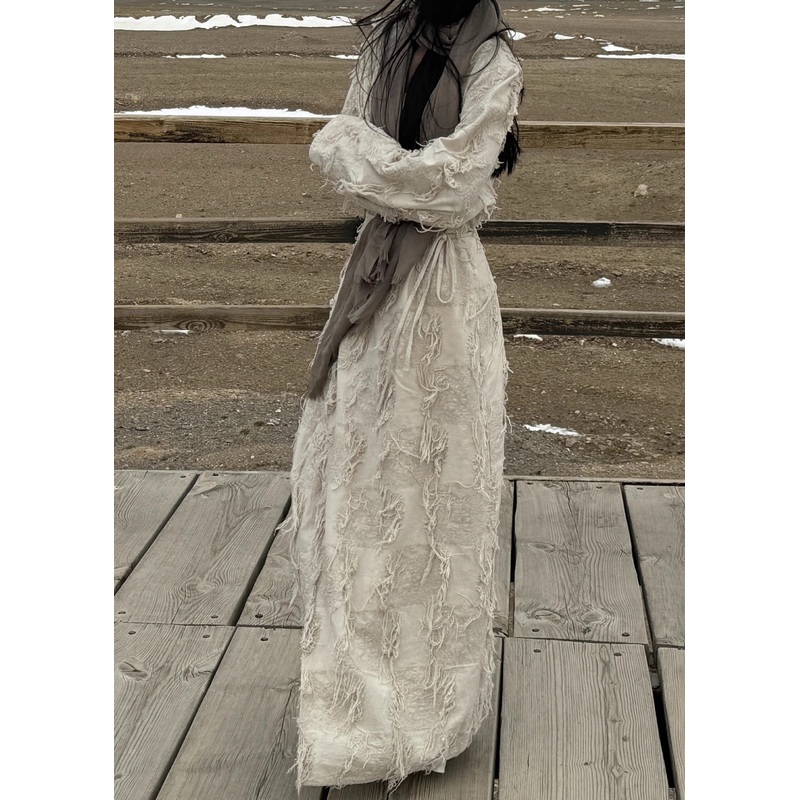 Original V Neck Lace Up Tasseled Cotton Long Cardigan Fall