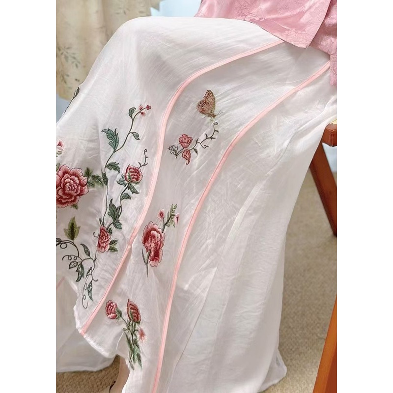 Original White Embroidered Elastic Waist Pockets Cotton Skirt Summer