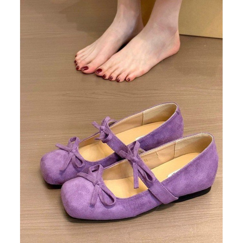 Purple Bow Splicing French Suede Wedge Shoes