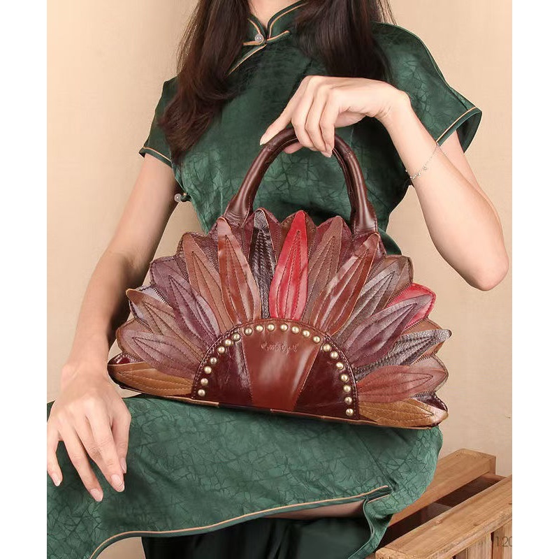 Retro Calf Leather Floral Patchwork Rivet Tote Bag