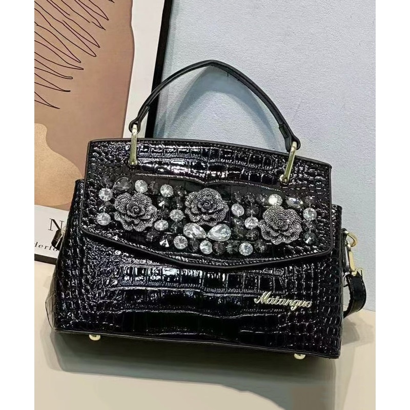 Stylish Black Zircon Calf Leather Micro Bag