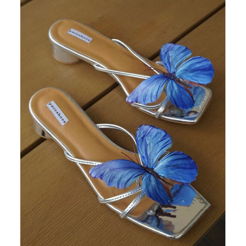 Stylish Butterfly Splicing Chunky Blue Faux Leather Slide Sandals