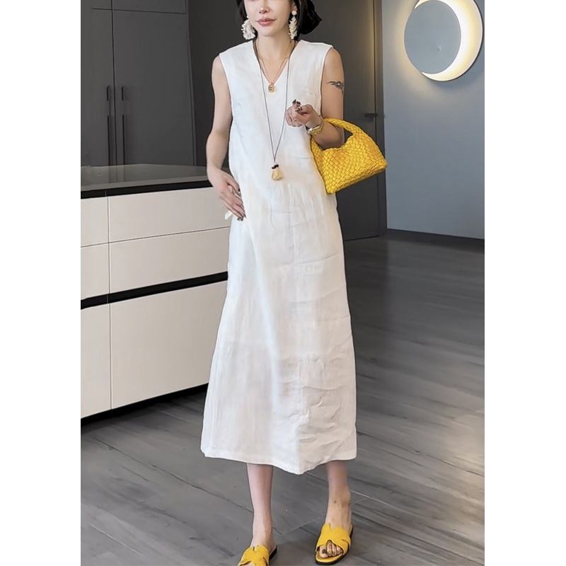 White Pockets False Two Pieces Cotton Long Dress V Neck Summer