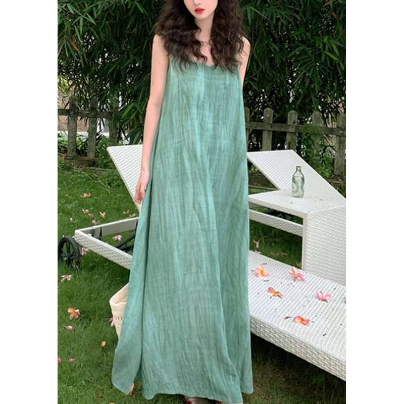 Women Green U Neck Wrinkled Linen Long Dress Sleeveless