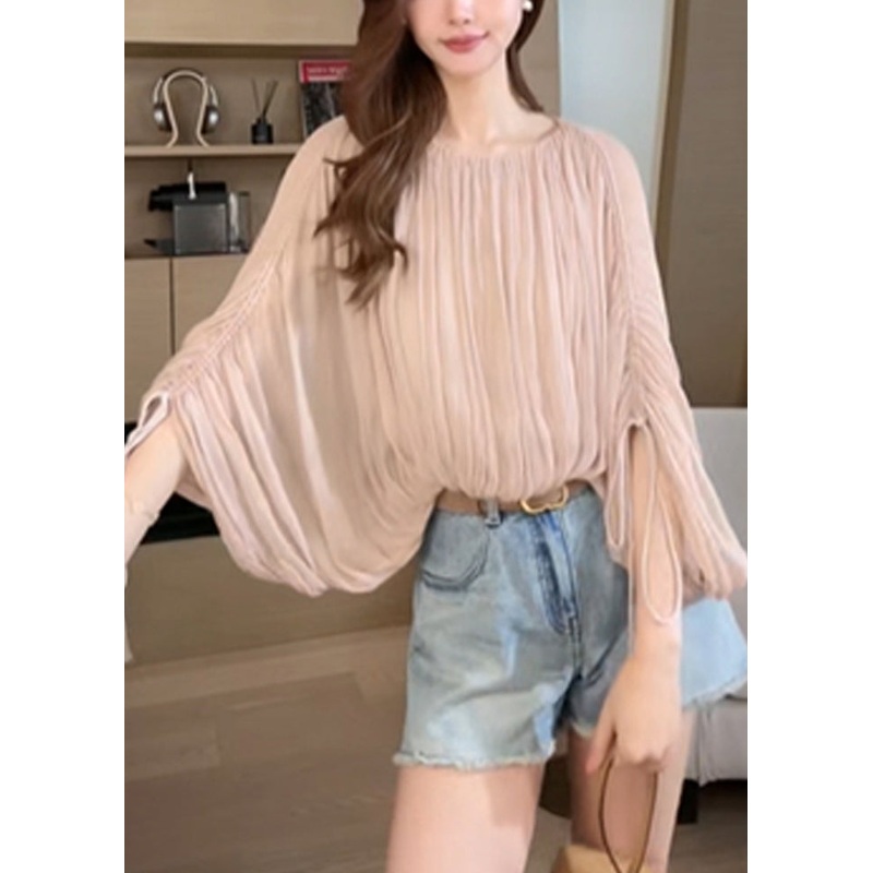 Women Pink Wrinkled Lace Up Shirts Batwing Sleeve