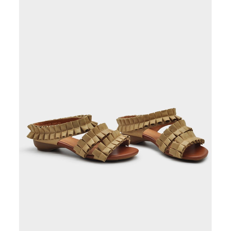 Apricot Cowhide Leather Splicing Slide Sandals Peep Toe