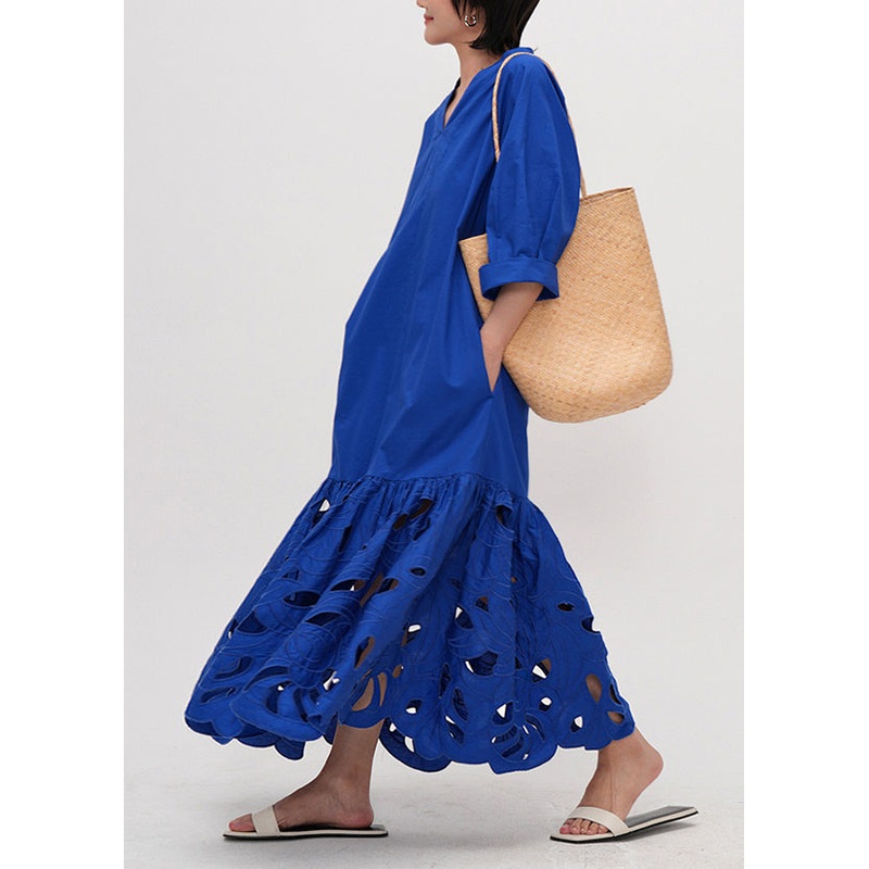 Art Blue Embroidered Hollow Out Cotton Maxi Dress Half Sleeve