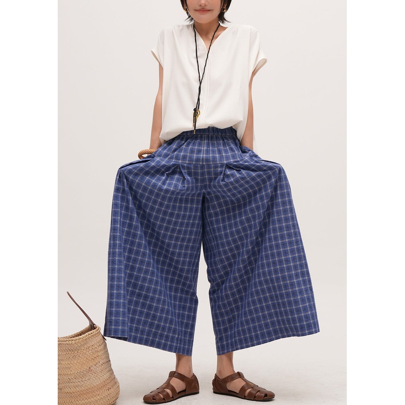 Art Blue Oversized Plaid Cotton Wide Leg Pants Summer