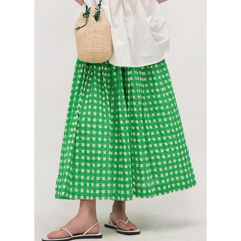 Art Green Plaid Elastic Waist Cotton A Line Skirts Summer