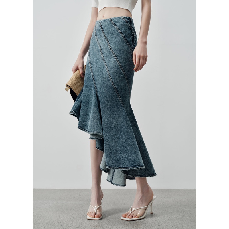 Art Navy Asymmetrical Ruffles Denim Skirts Summer
