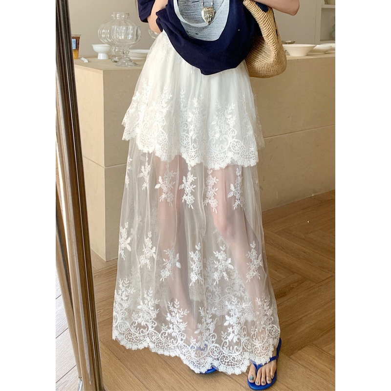 Art White Lace Patchwork Elastic Waist Tulle Skirt Summer