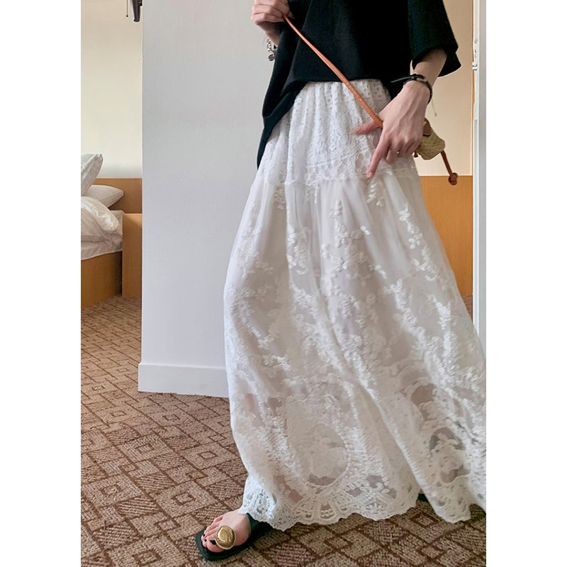 Art White Lace Tulle Patchwork Elastic Waist Skirt Summer