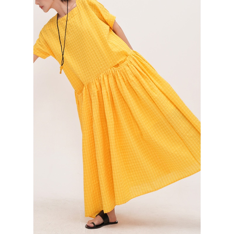 Art Yellow Square Collar With Pockets Cotton Holiday Dress Summer