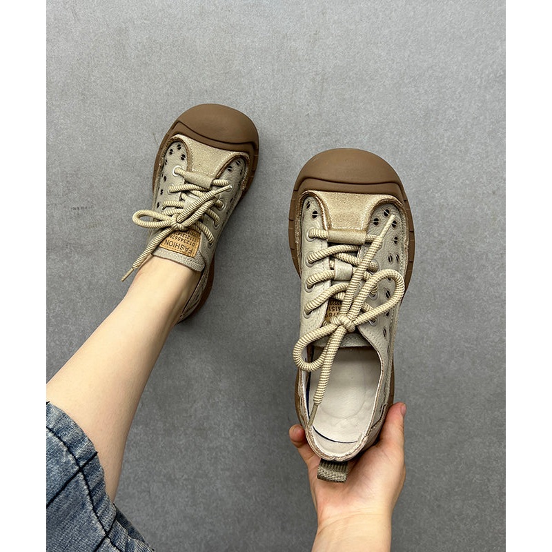 Beige Women Hollow Out Lace Up Splicing Platform Flat Feet Shoes