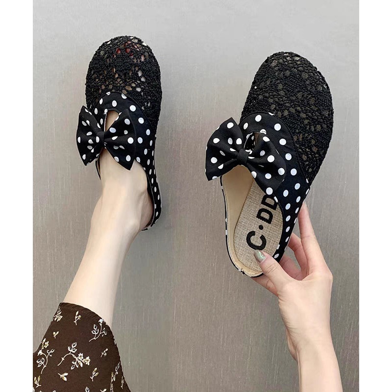 Black Bow Splicing Chic Breathable Mesh Slide Sandals