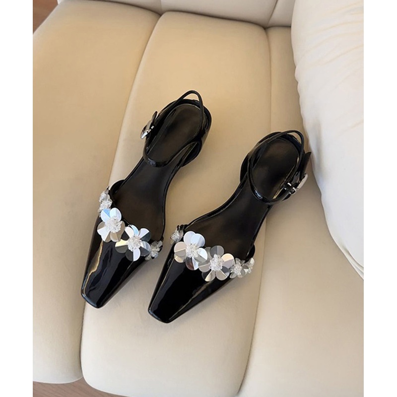 Black Faux Leather Splicing Floral Chunky Sandals