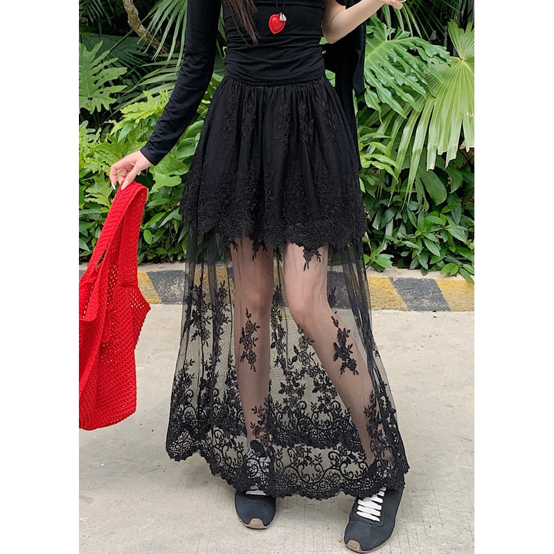 Black Original Design Lace Summer Tulle Skirts Elastic Waist