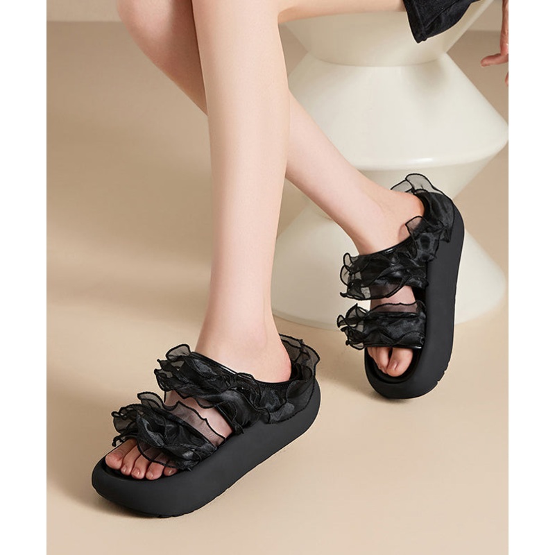 Black Platform Tulle Ruffled Chic Splicing Slide Sandals